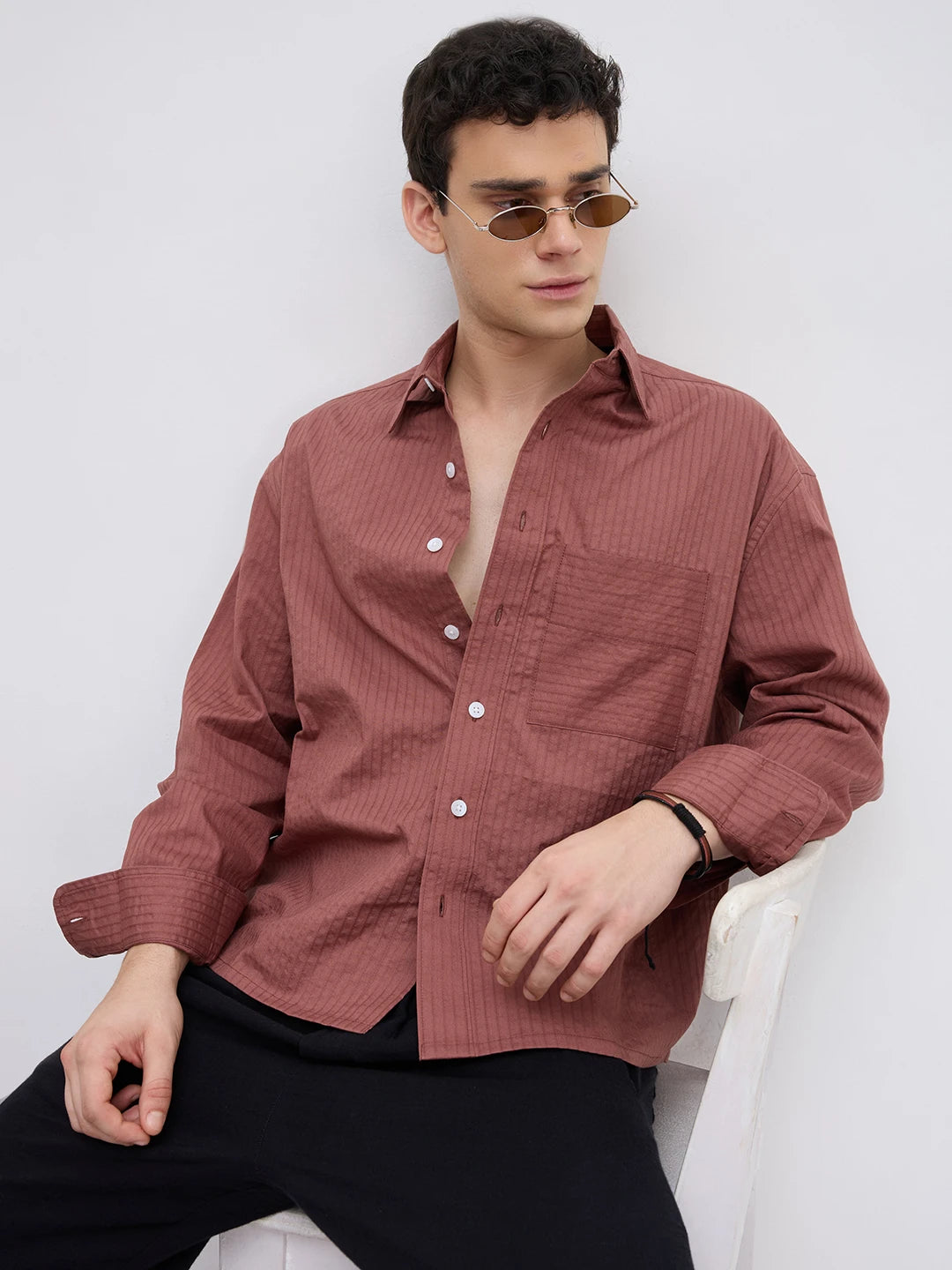 Brick Red Pinstriped Boxy Fit Crop Shirt