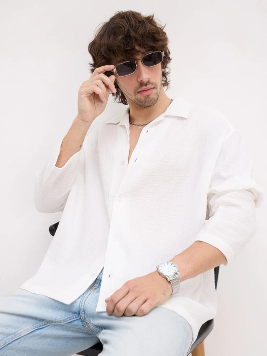 Snow White Double Cloth Notch Collar Oversized Shirt