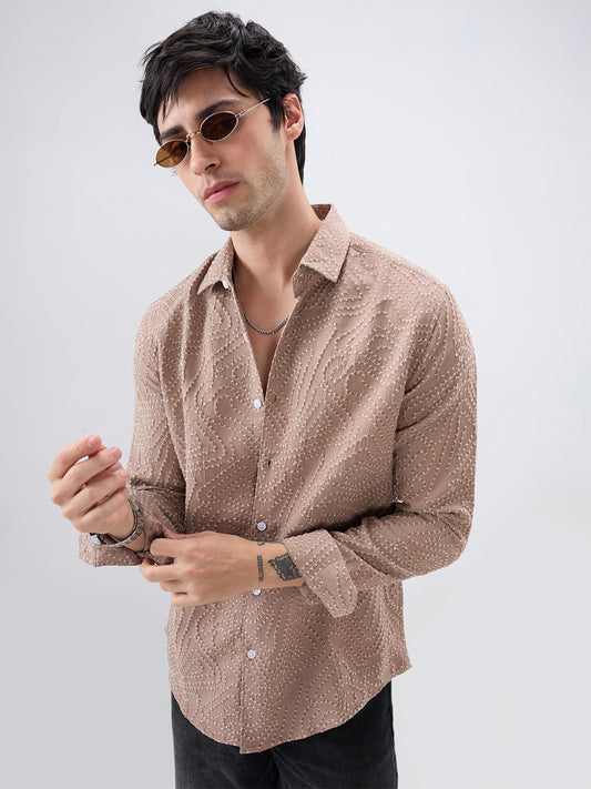 Intricate Dessert Brown Thread Flow Raised Stitch Shirt