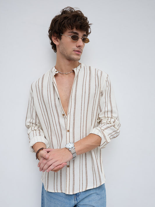 Off White & Brown Embroidered Striped Mandarin Shirt