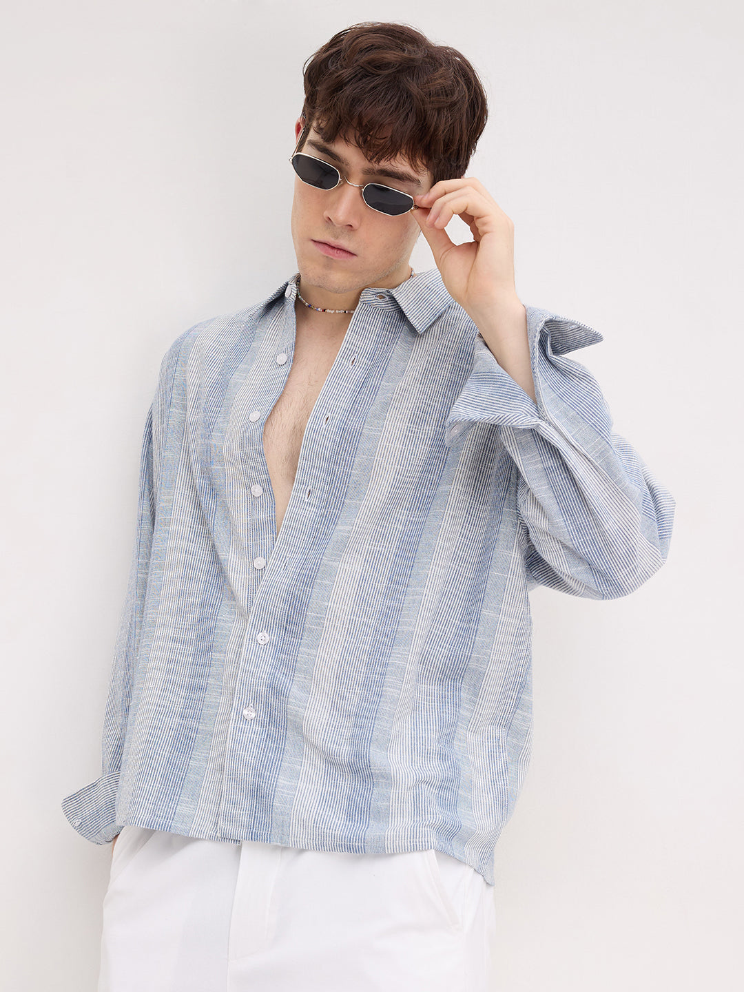 Blue Shadow Striped Boxy Fit Crop Shirt