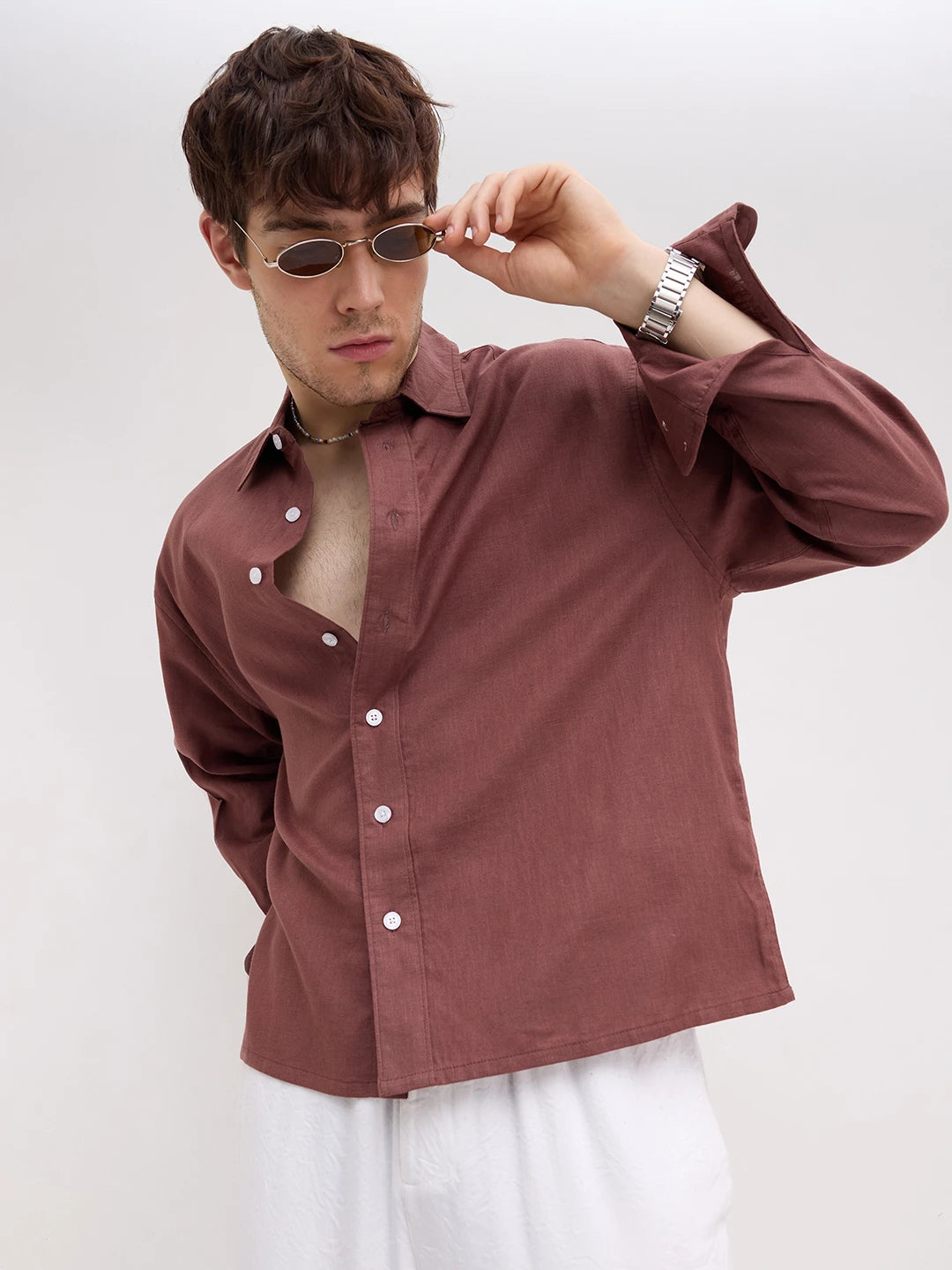 Brown Fine Textured Boxy Fit Crop Shirt