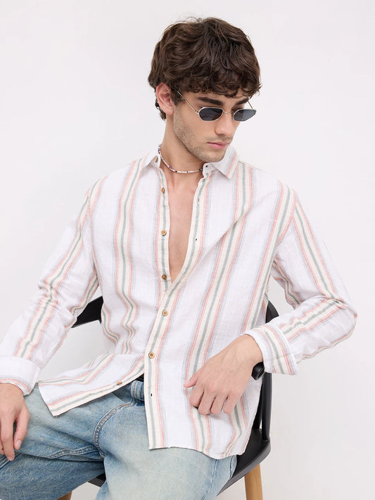 Olive Multi Striped Slub Textured Shirt