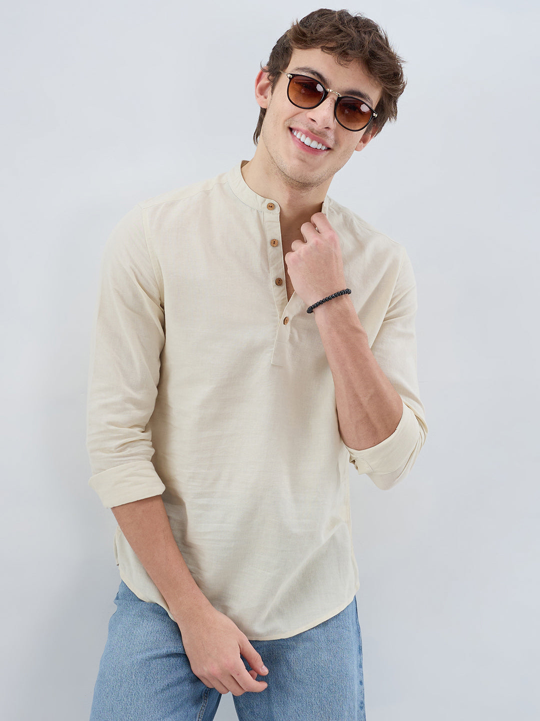 Cream Slub Textured Linen Blend Kurta