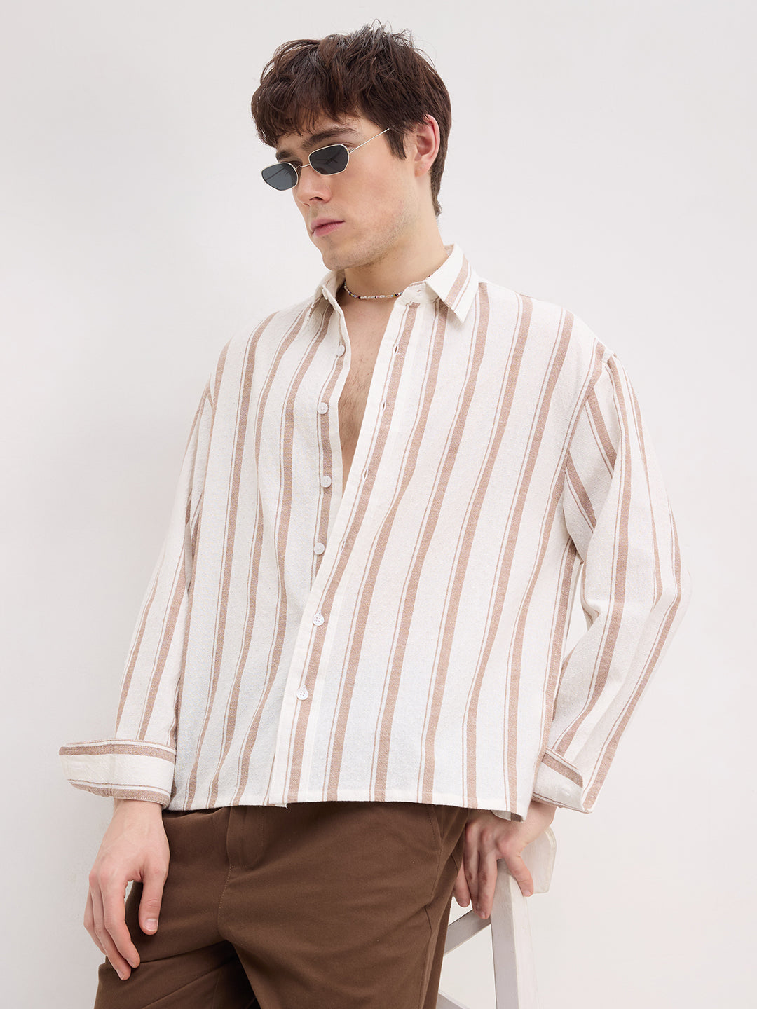 Natural Deep Khaki Striped Boxy Fit Crop Shirt