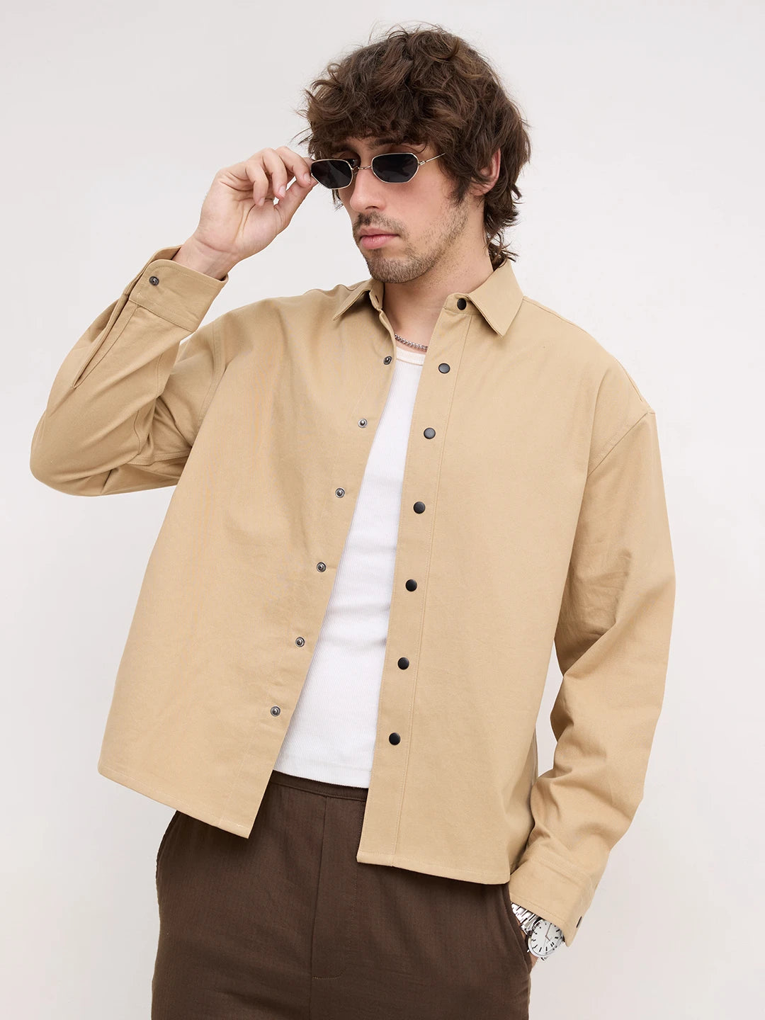 Luxe Soft Khaki Boxy Fit Crop Shirt