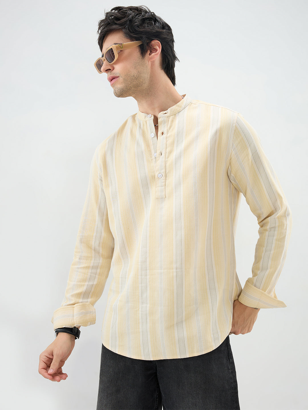 Sunwashed Sand Beige Multi-Stripe Kurta