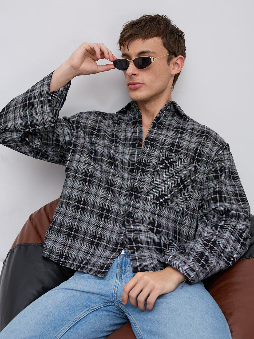 Eclipse Grid Fine Checks Cuffless Oversized Crop Shirt