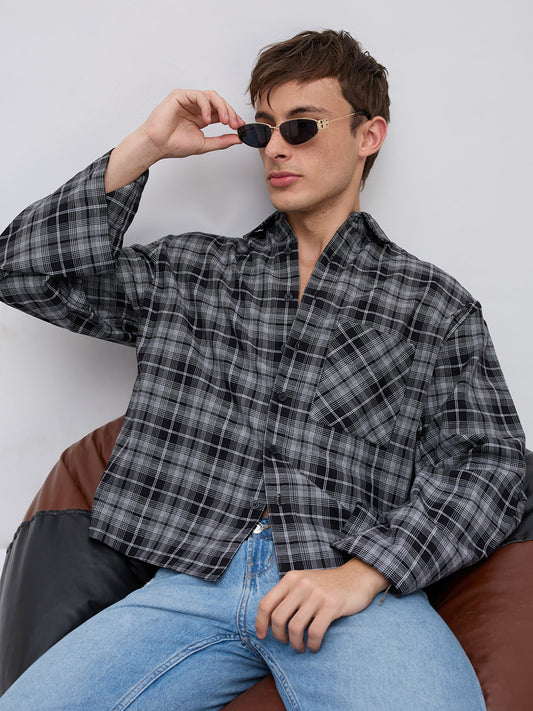 Eclipse Grid Fine Checks Cuffless Oversized Crop Shirt