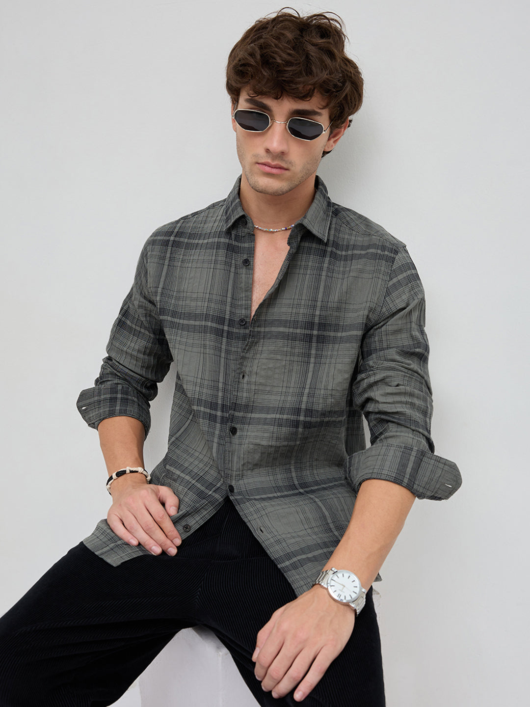 Olive & Black Plaid Checks Textured Shirt