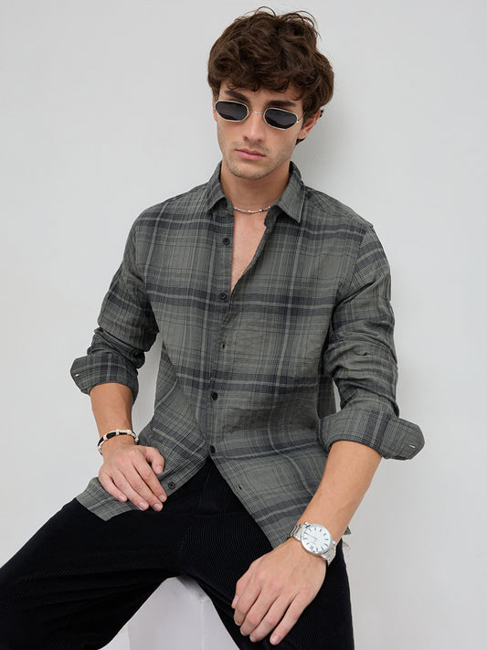 Olive & Black Plaid Checks Textured Shirt
