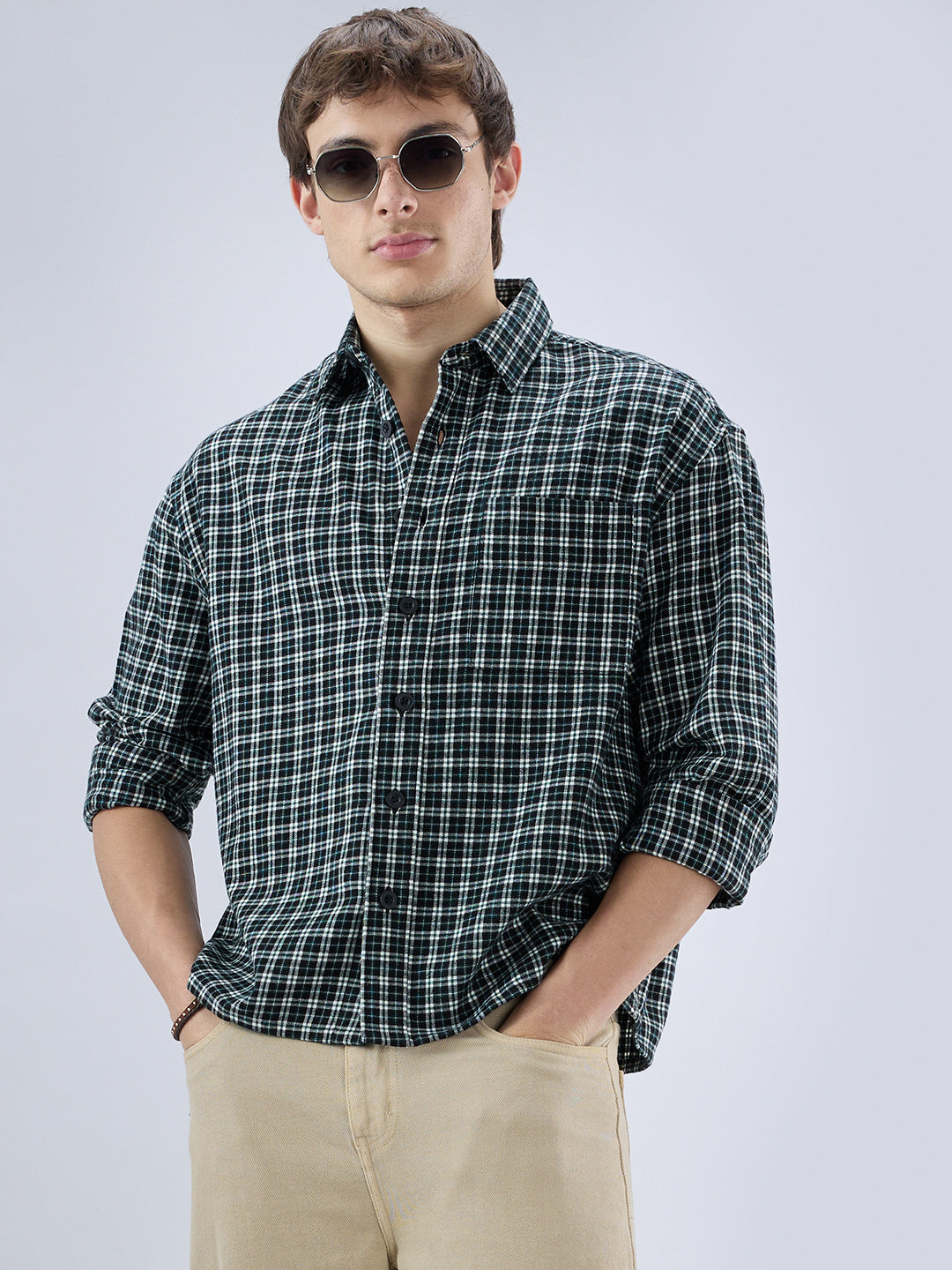 Multi Shepherd’s Check Boxy Fit Crop Flannel Shirt