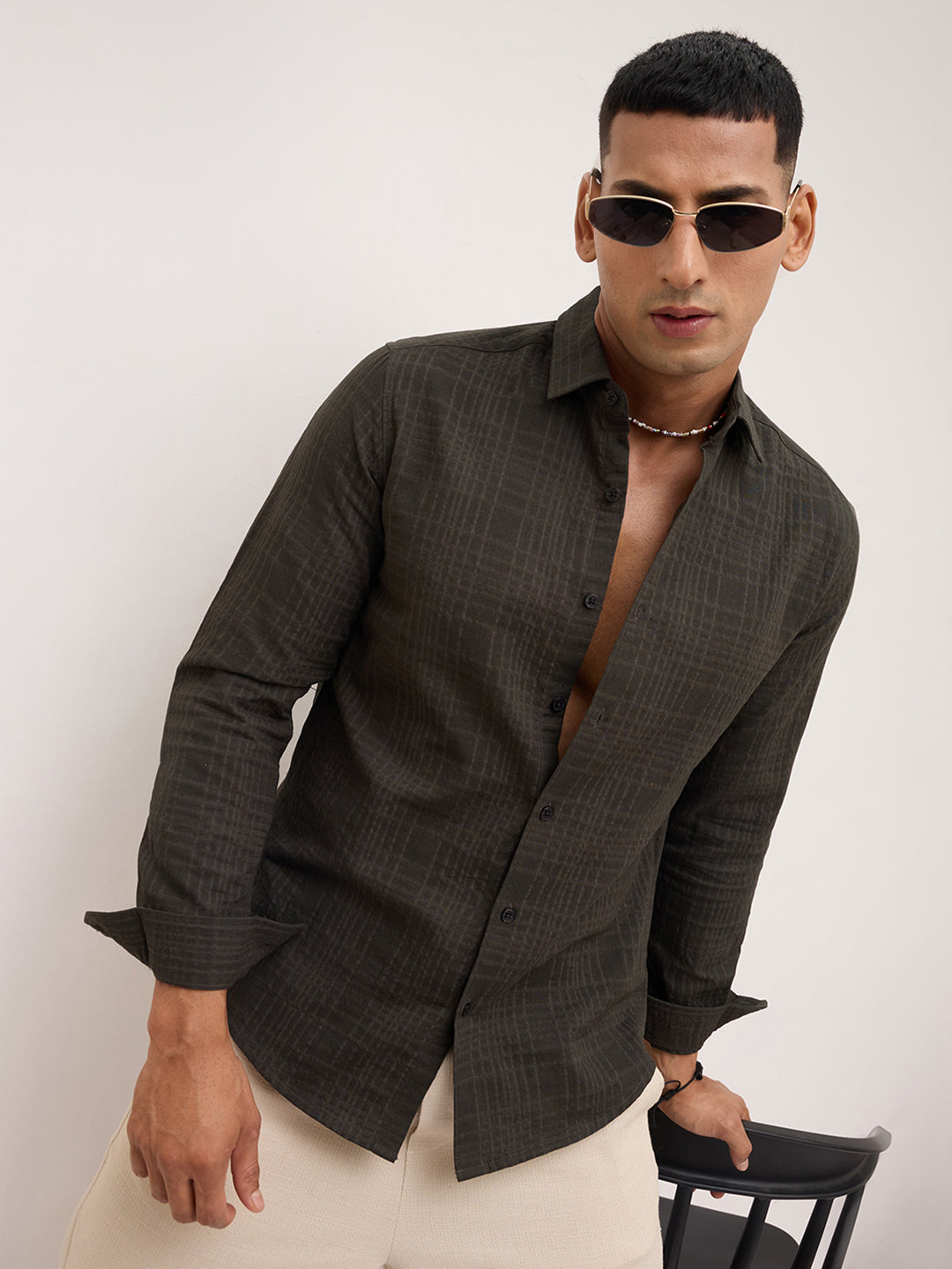 Forest Green Checks Double Cloth Shirt