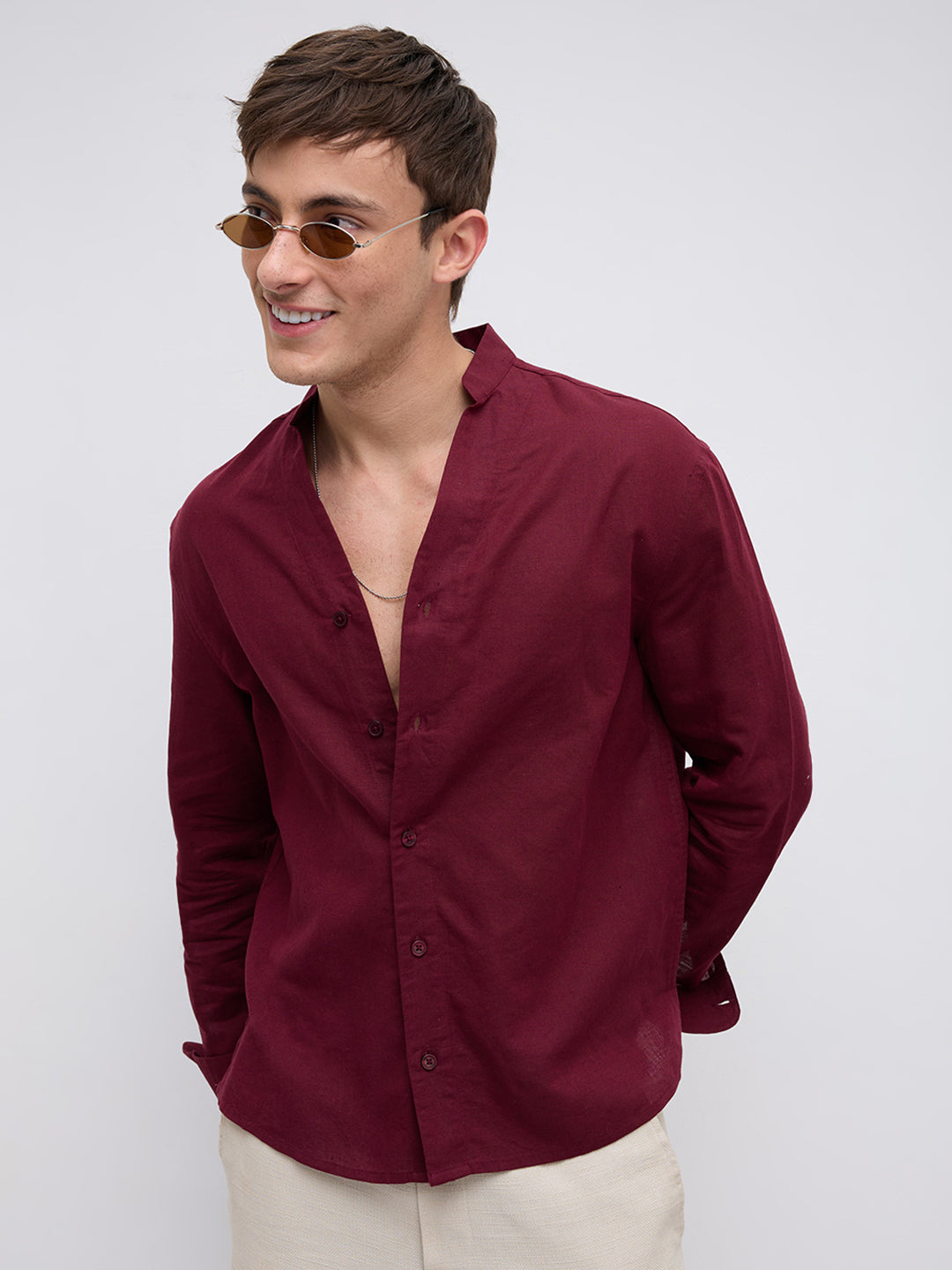Deep Maroon Linen Blend Stand Collar Oversized Shirt
