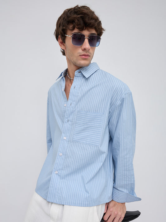 Skyline Blue Sheer Boxy Fit Crop Shirt