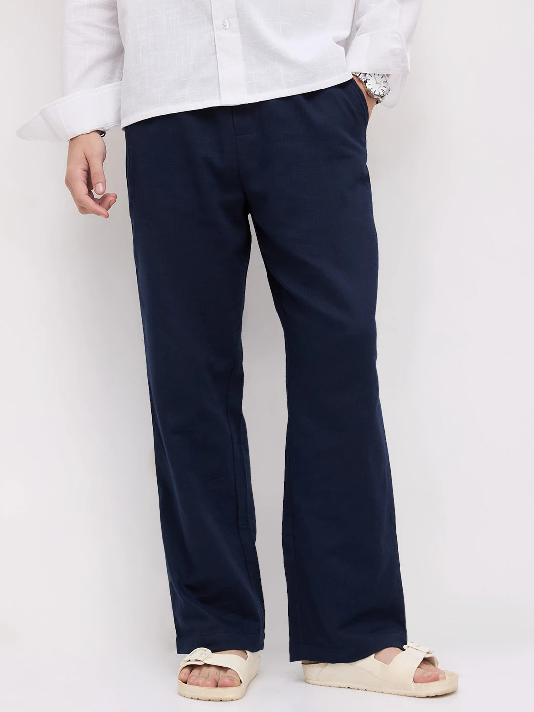 Navy Herringbone Textured Straight Fit Trousers