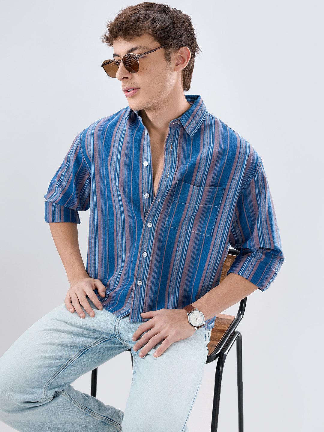 Premium Denim Coastal Blue Multi-Stripe Boxy Fit Crop Shirt