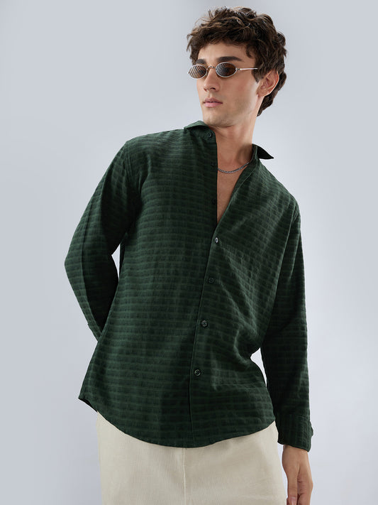Emerald Green Horizontal Jacquard Striped Shirt
