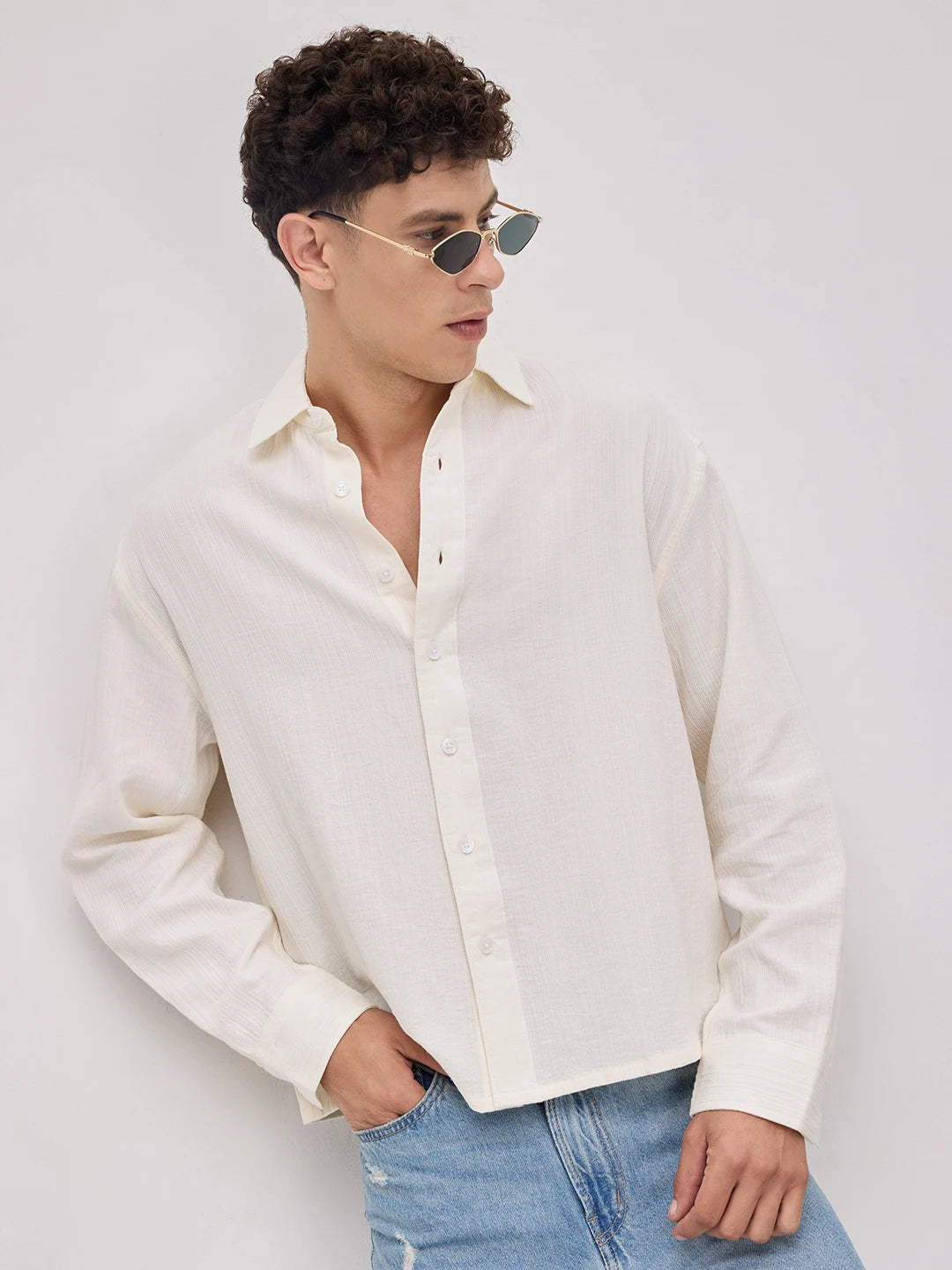 Pearl White Double Cloth Seersucker Striped Boxy Fit Crop Shirt