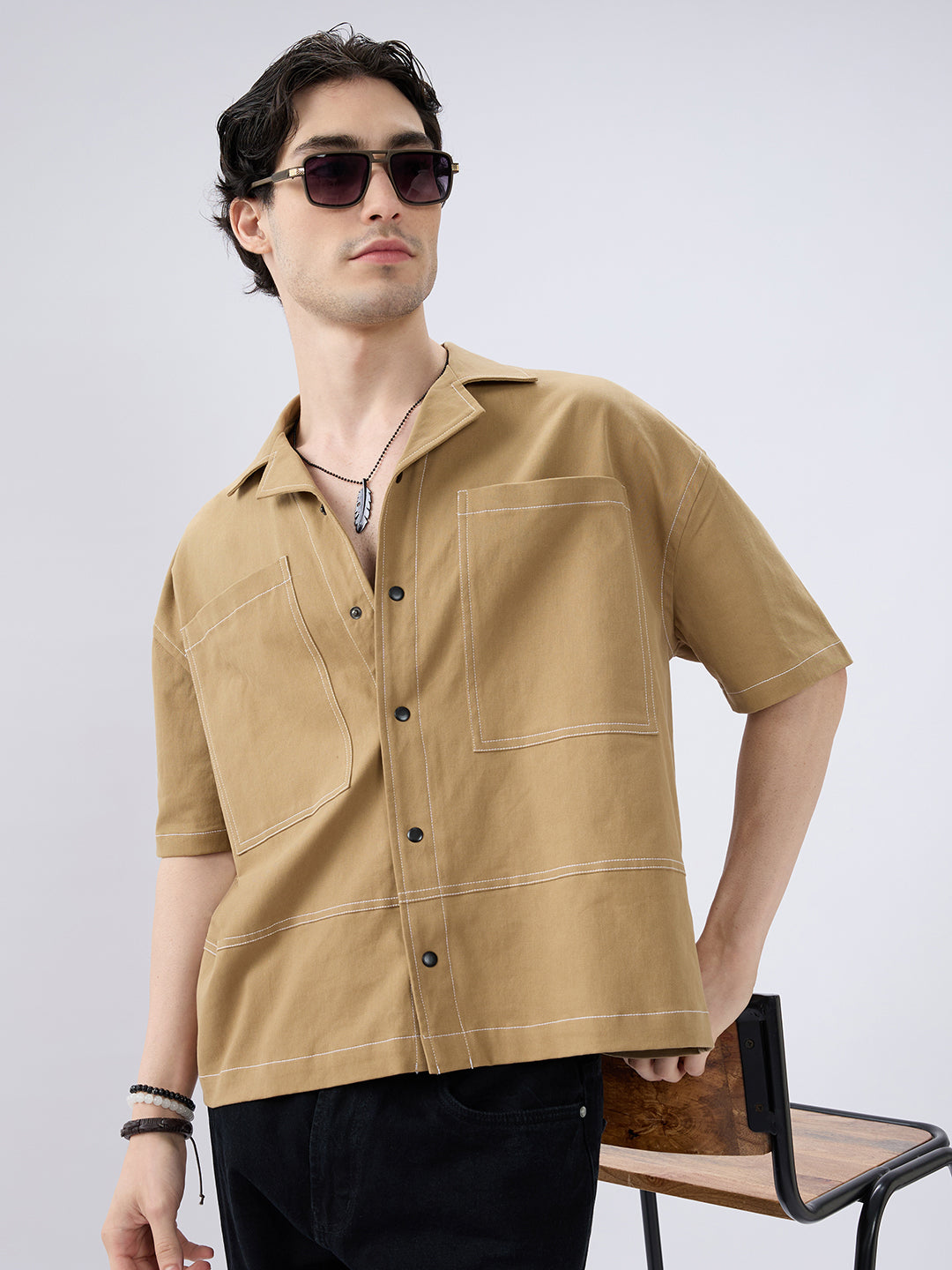 Khaki Contrast Stitch Twin Pocket Oversized Crop Shirt