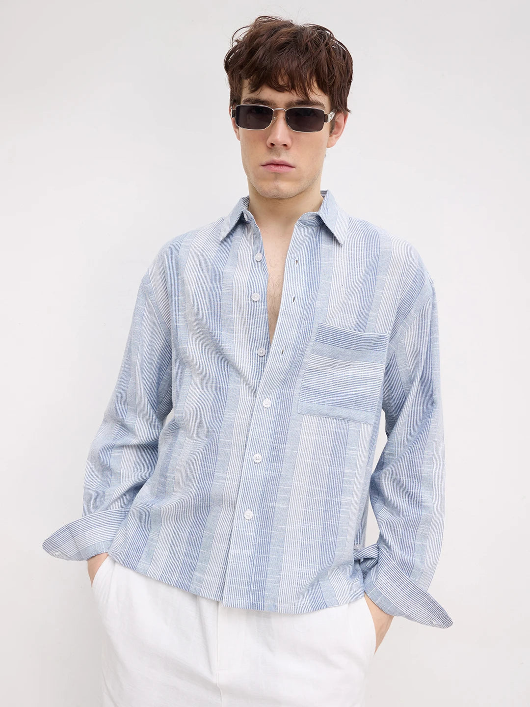 Blue Rhythmic Weave Striped Boxy Fit Crop Shirt