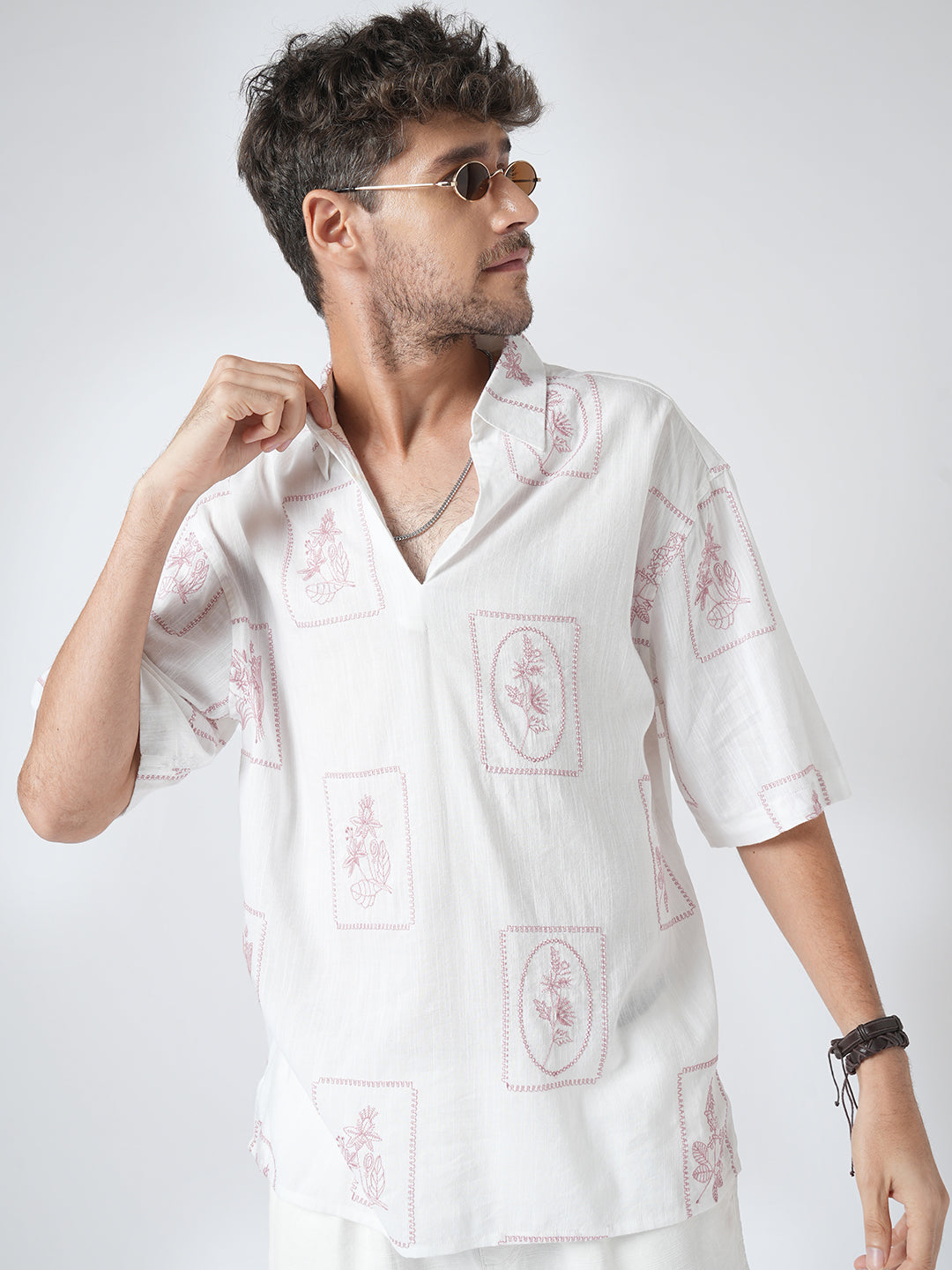 Old Rose Pink Floreal Frame Embroidery Polo Oversized Shirt