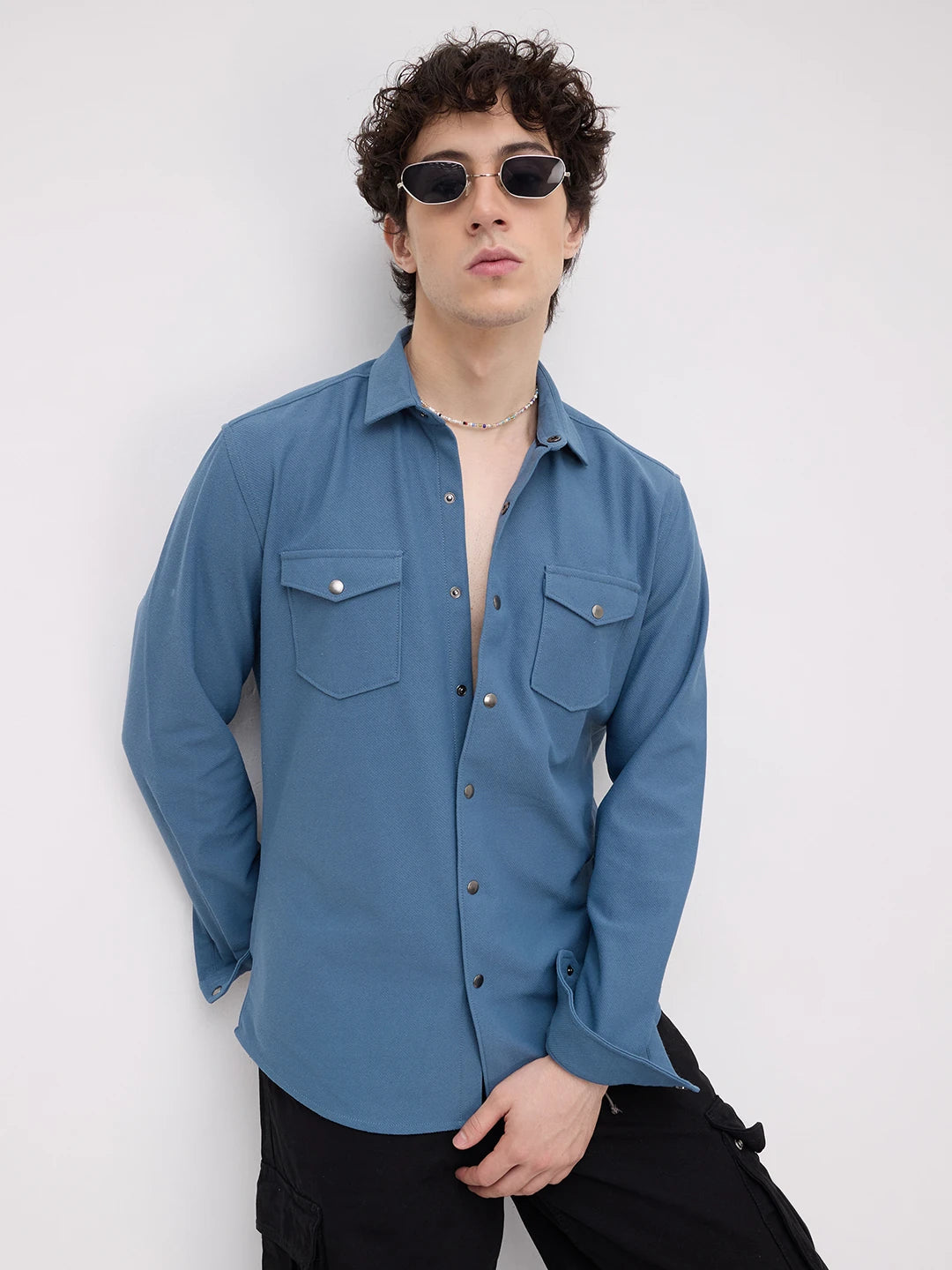 Cerulean Blue Twin Pocket Knitted Overshirt