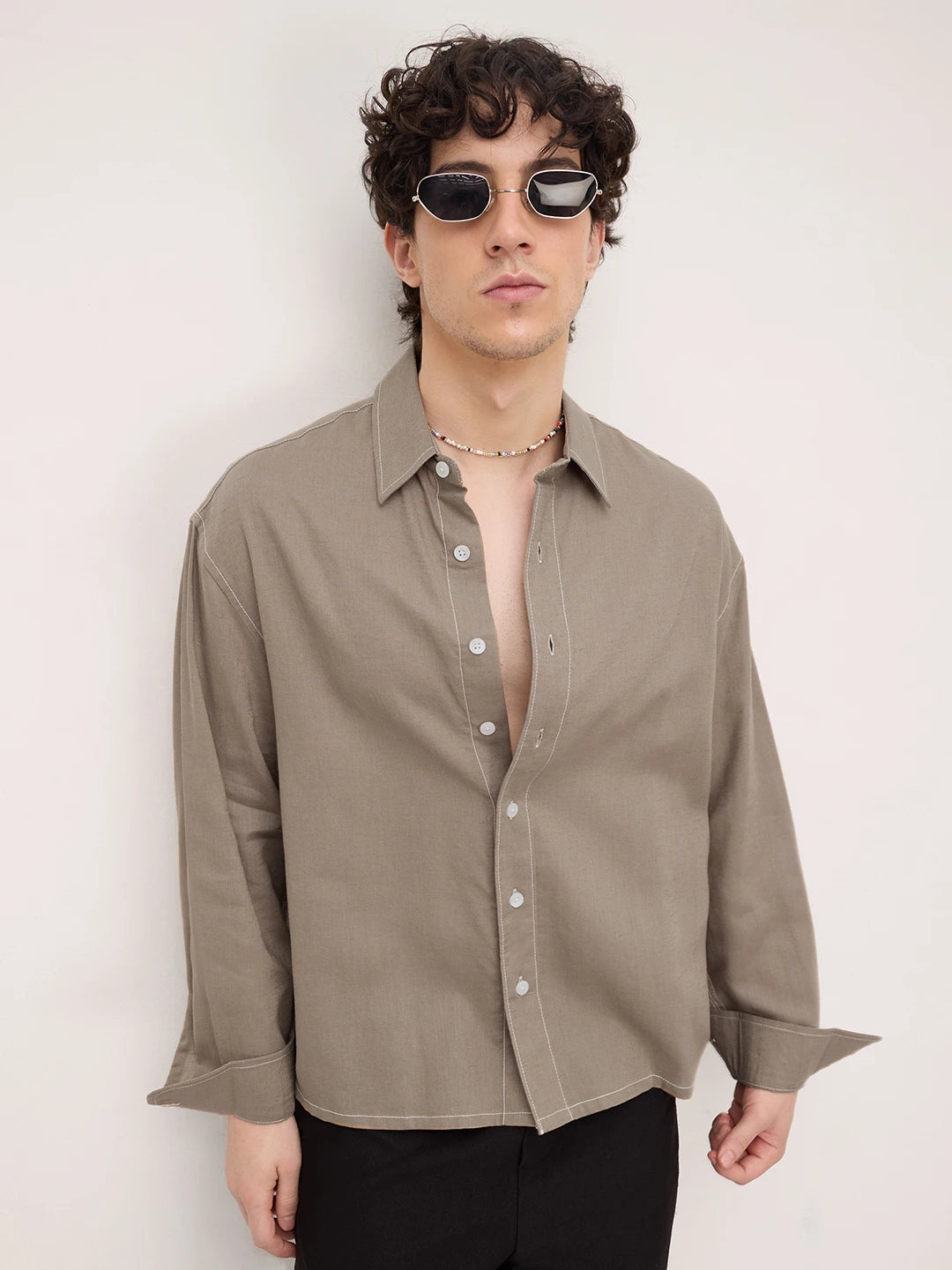 Luxe Soft Khaki Linen Blend Boxy Fit Crop Shirt