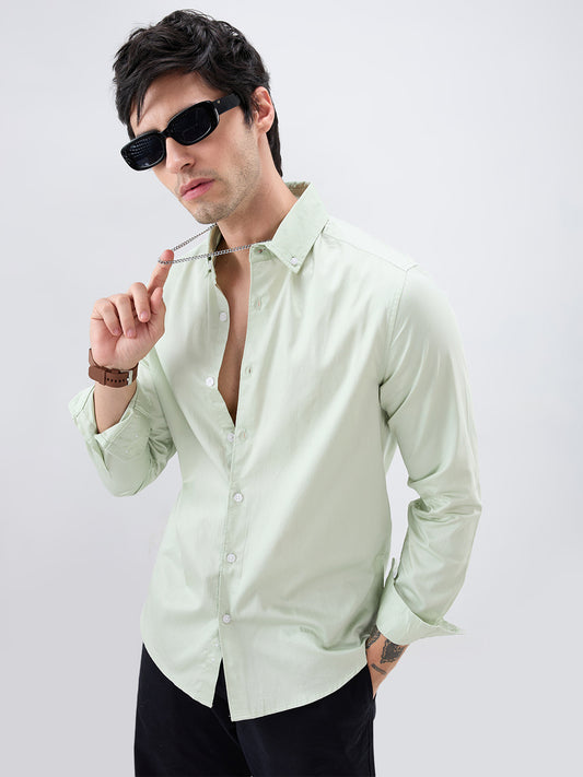 Tea Green Button-Down Collar Satin Shirt