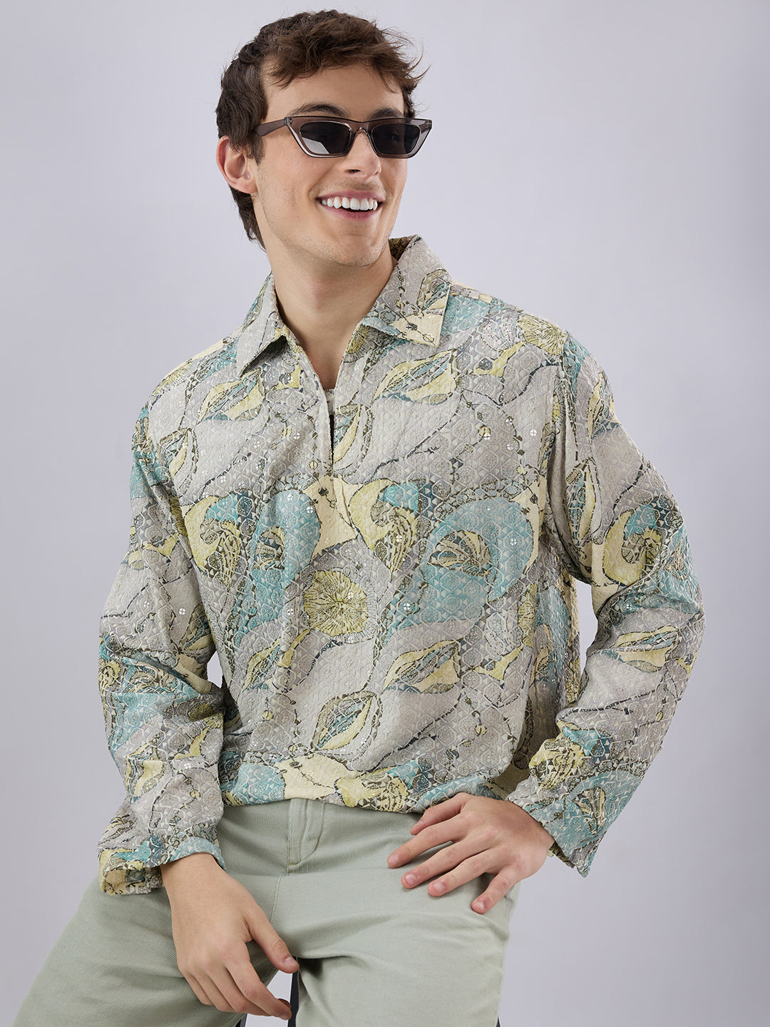 Utsav Spark Grey Sequin Embroidered Cuffless Oversized Shirt