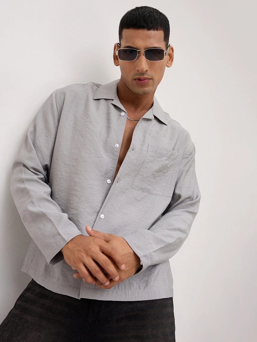 Refined Mist Grey Textured Oversized Notch Collar Shirt