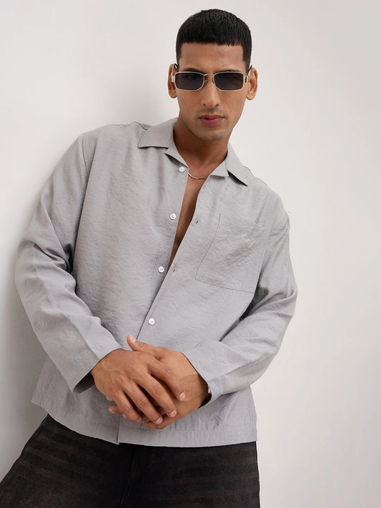 Refined Mist Grey Textured Oversized Notch Collar Shirt