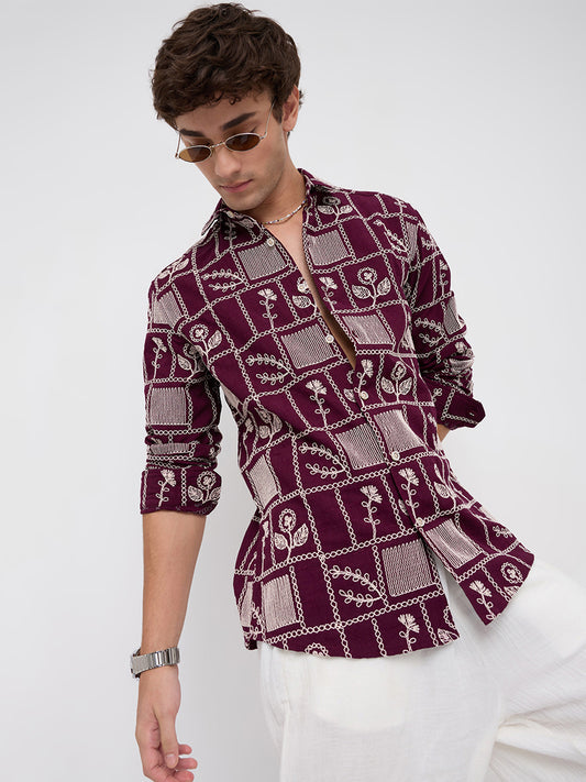 Wine Floral Frame Embroidered Slub Shirt