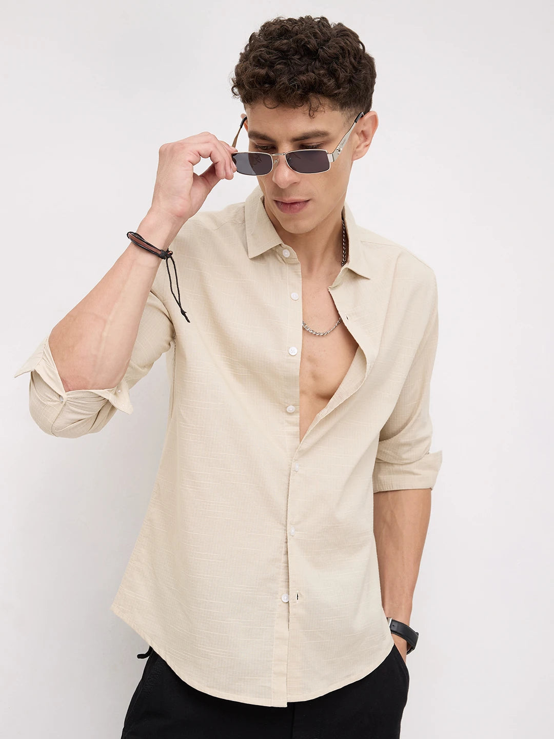 Bisque Beige Micro Square Textured Shirt