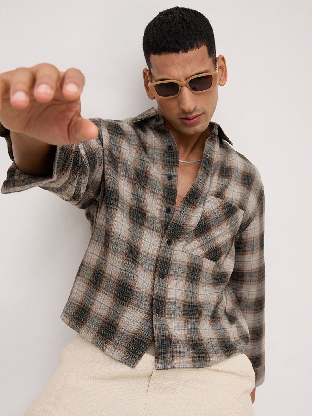 Shadow Grid Checks Multi Weave Boxy Fit Crop Shirt