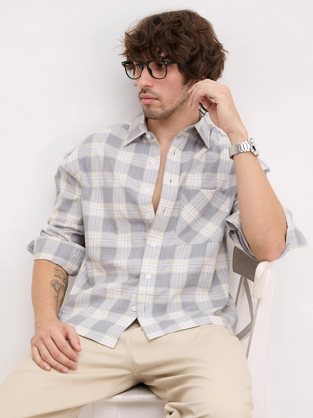 Grey & Beige Structured Check Weave Boxy Fit Crop Shirt