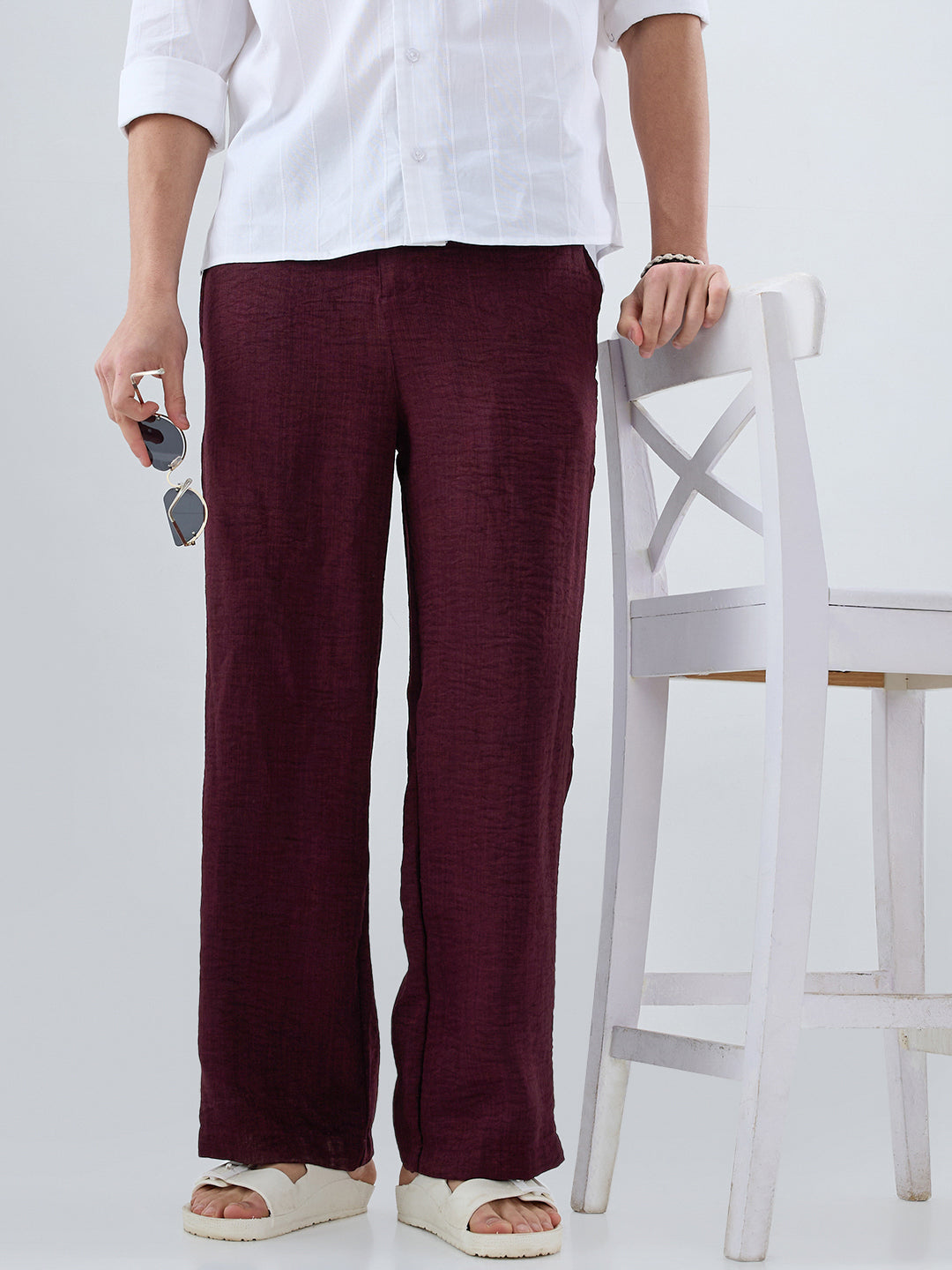 Maroon Slub Textured Wide-Leg Trousers