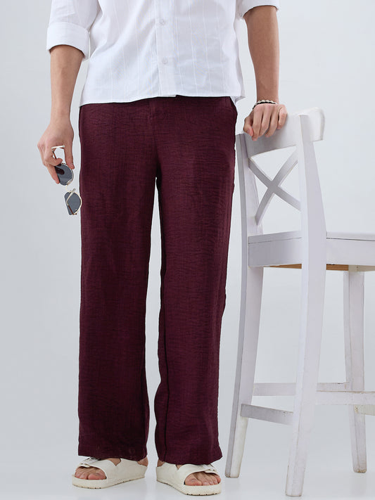 Maroon Slub Textured Wide-Leg Trousers