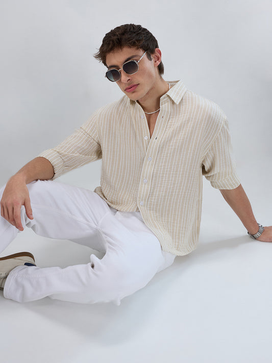 Beige Vertical Striped Crinkled Boxy Fit Crop Shirt