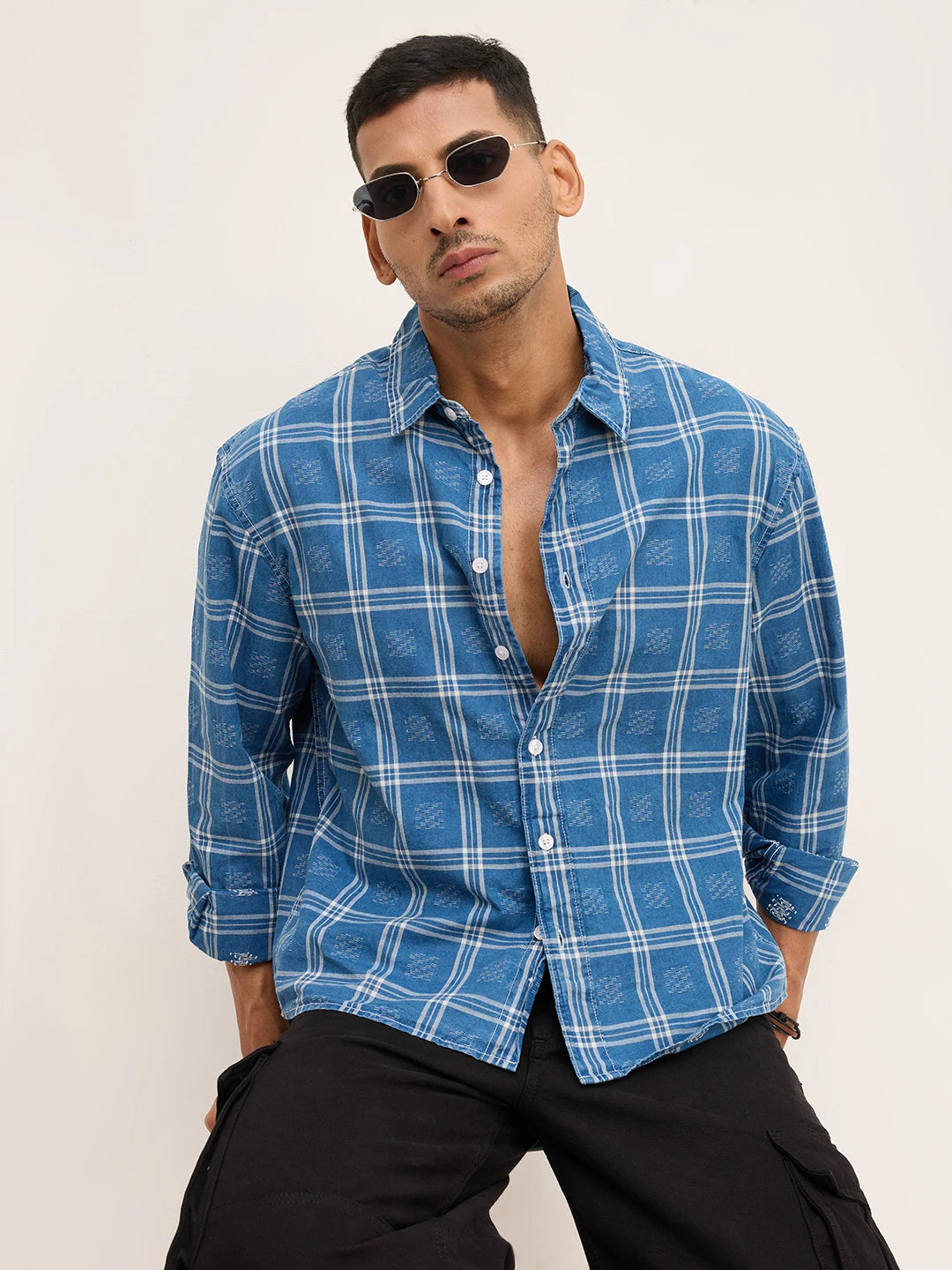 Denim Contrast Frame Checks Boxy Fit Crop Shirt