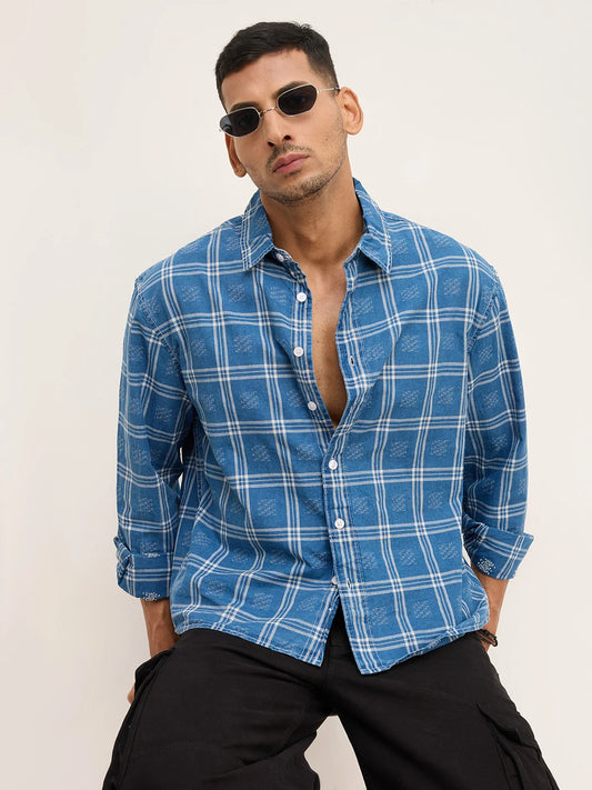 Denim Contrast Frame Checks Boxy Fit Crop Shirt