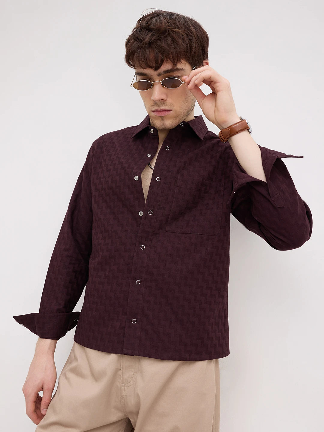 Rich Wine Maze Textured Straight Hem Crop Shirt