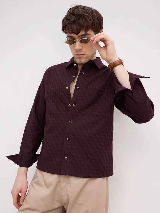 Rich Wine Maze Textured Straight Hem Crop Shirt