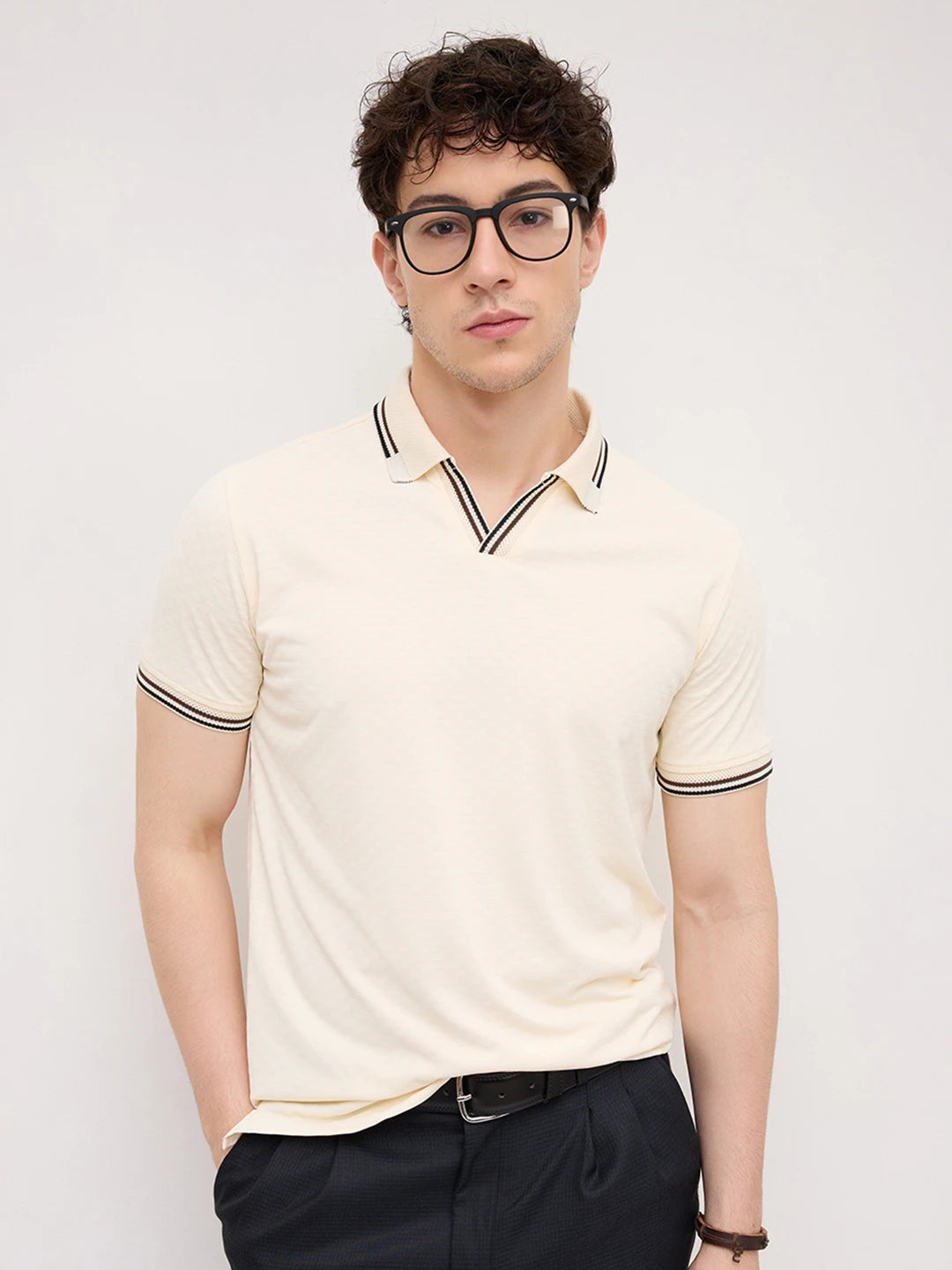 Ivory Contrast Stripe Textured Polo Tee