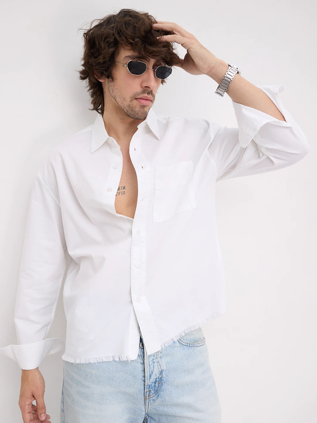 Solid Pearl White Oxford Distressed Hem Boxy Fit Crop Shirt