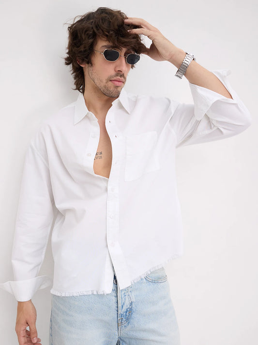 Solid Pearl White Oxford Distressed Hem Boxy Fit Crop Shirt