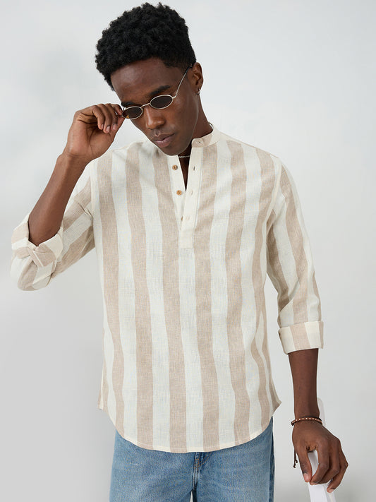 Beige & Ivory Striped Jacquard Kurta