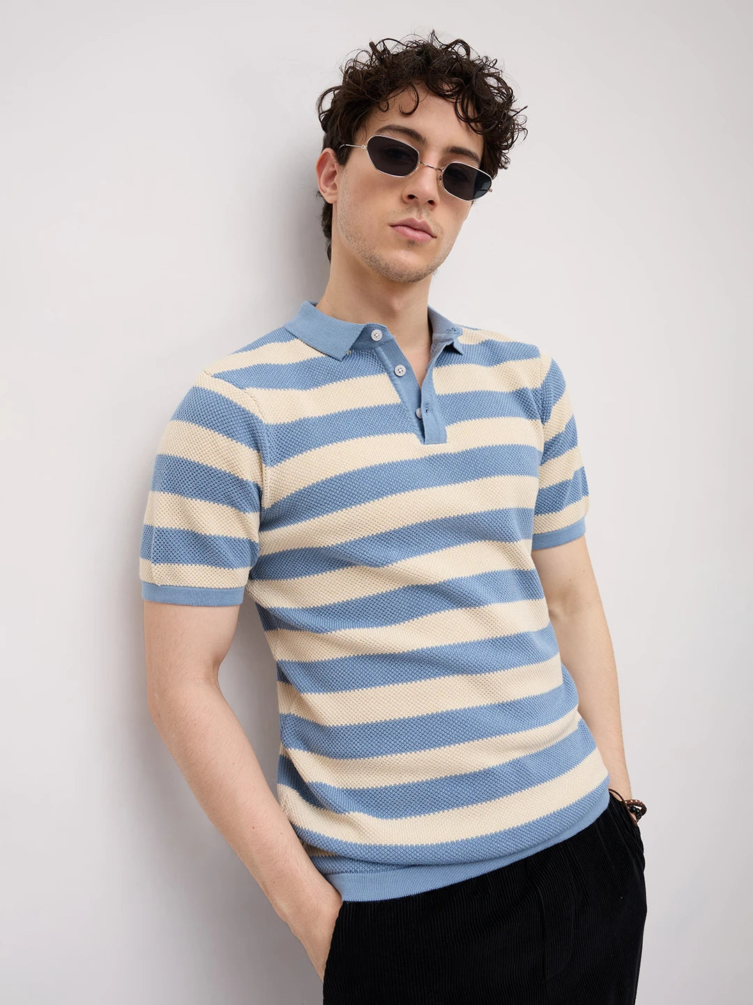Blue & White Coastal Striped Flat Knit Polo T-Shirt