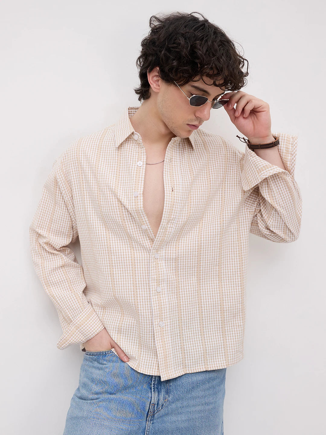 Sand Beige Vacation Checks Boxy Fit Crop Shirt