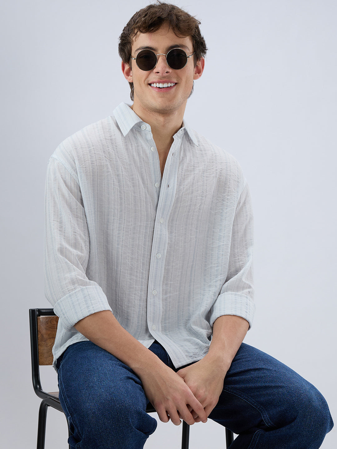 Elegant Cloud Grey Airstripe Crinkled Boxy Fit Crop Shirt